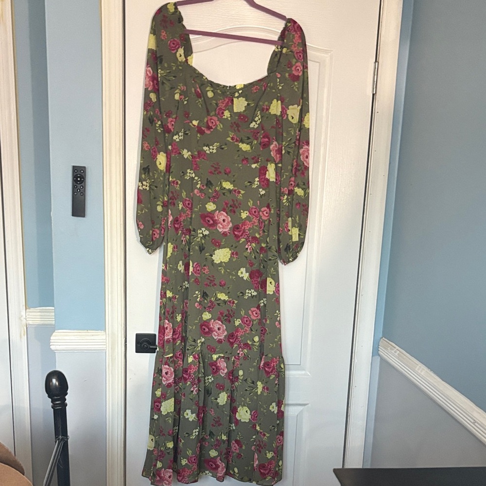 Bar III Olive and Rose Floral Long Sleeve Dress